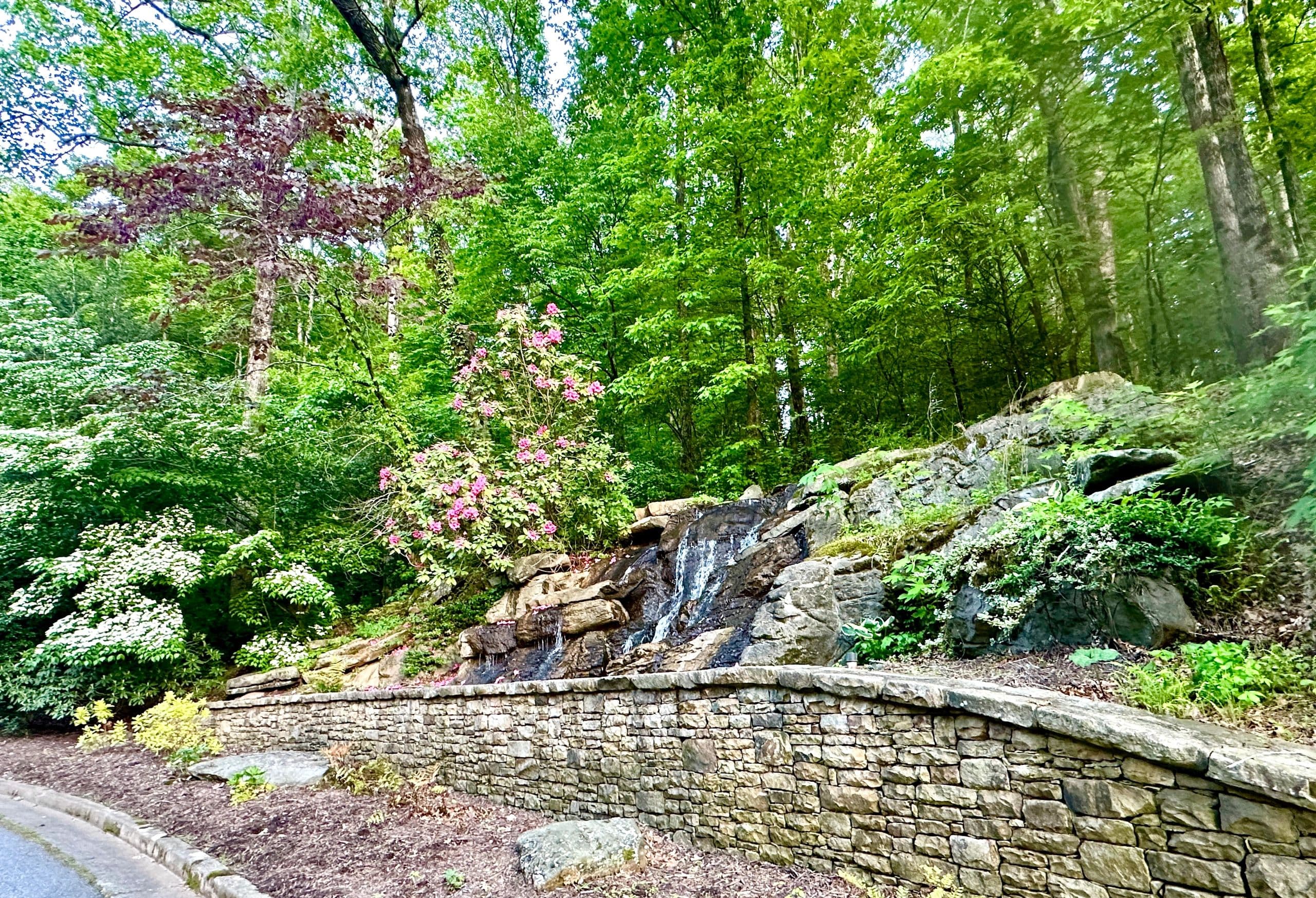 Waterfall and florals of Achasta, drive-by elegance just inside the gate.